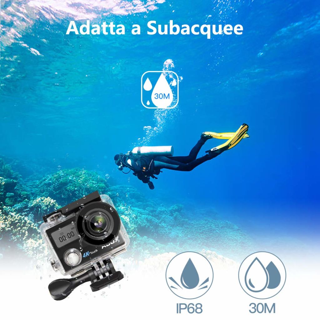 ABOX Action Cam 4K WiFi, Sports Cam Touchschermo 16MP, Subacquea a 30m, 2 Batteria per Ricambio, con Accessori per Casco e Bici (Custodia, Telecomando, Supporto, Stabilizzatore, ECC)