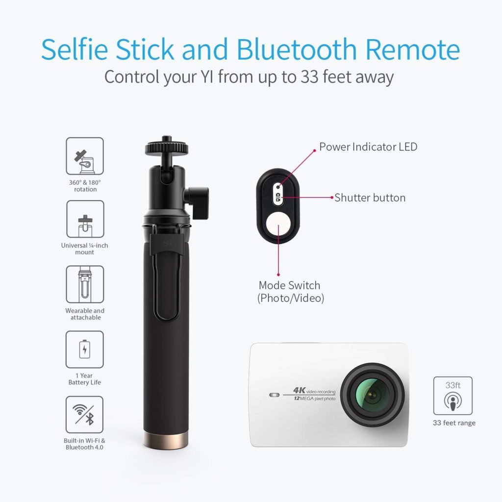 Yi 4 K Action Camera Bianco con Selfie Stick e Telecomando Bluetooth, 4 K/30fps 12 MP Action Cam con 5,56 cm (2.2 Pollici) LCD Touch Screen, WiFi e App per iOS/Andriod, Comando Vocale