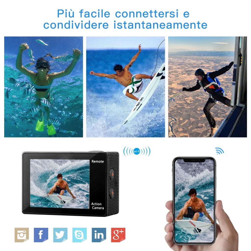 Bagotte 4K Action Cam Wi-Fi 16MP Impermeabile 30M Immersione Sott'Acqua 30fps Action Camera con Schermo 2 Pollici 170°Grandangolare Camera con 2 1050mAh Batterie,Telecomando 2.4G e Kit Accessori