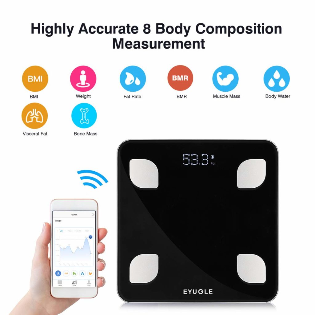 EYUGLE Bilancia Pesapersone Digitale Bluetooth Wireless per iOS e Android Misura il Peso, BMI, BMR, Massa Grassa, Massa Muscolare e Ossea, Percentuale d’Acqua Corporea