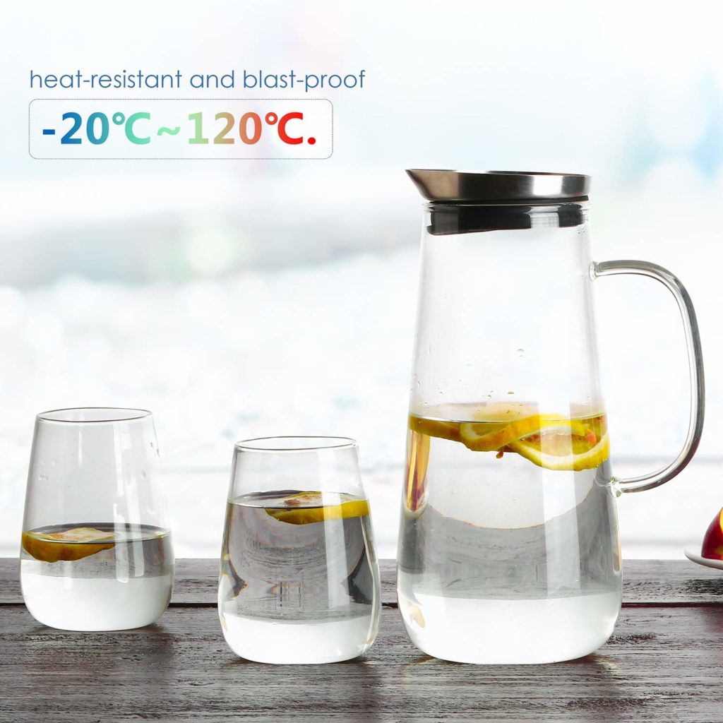 HOMFA Caraffa Vetro Borosilicato di 1,5L, Acqua Caraffa Brocca per Tè, Caffè, Bottiglie in Vetro con Coperchio in Acciaio Inox e Manico in Vetro | 2*380 ml Bicchieri