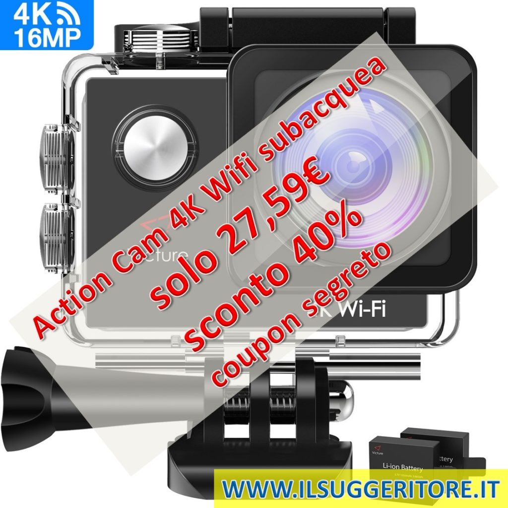 Victure, Action Cam 4K Wifi, fotocamera subacquea 16 MP, Ultra HD Sport Camera,  casco, impermeabile per moto, bicicletta, equitazione, con 2 batterie  migliorate, e kit di accessori gratuiti.  