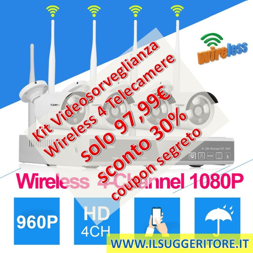 FLOUREON  Wireless Kit Videosorveglianza (4CH 1080P NVR HDMI DVR + 4X 720P 1.0MP  Telecamera Esterno), Backup USB, P2P, IR-Cut, Visione Notturna, Allarme  Email                                                                                                                                                                                                                                                    