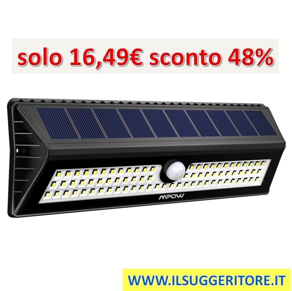 Mpow, Luce Solare 77LED con Sensore di Movimento, Lampada Impermeabile IP65 a Parete Luminosa, Luce Solare 3 modalità di Illuminazione, Luci Solari  per Giardino, Cantiere, Garage, Percorso.      