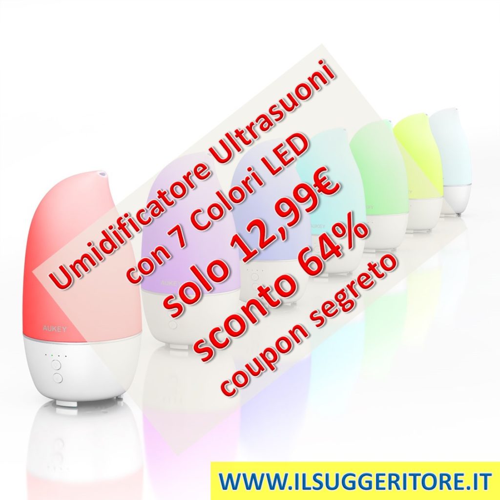 AUKEY  Umidificatore Ultrasuoni 250ML con 7 Colori LED Cool Nebbia  Umidificatore e Chiusura Automatica per Ufficio/Sala conferenze/Yoga Spa  