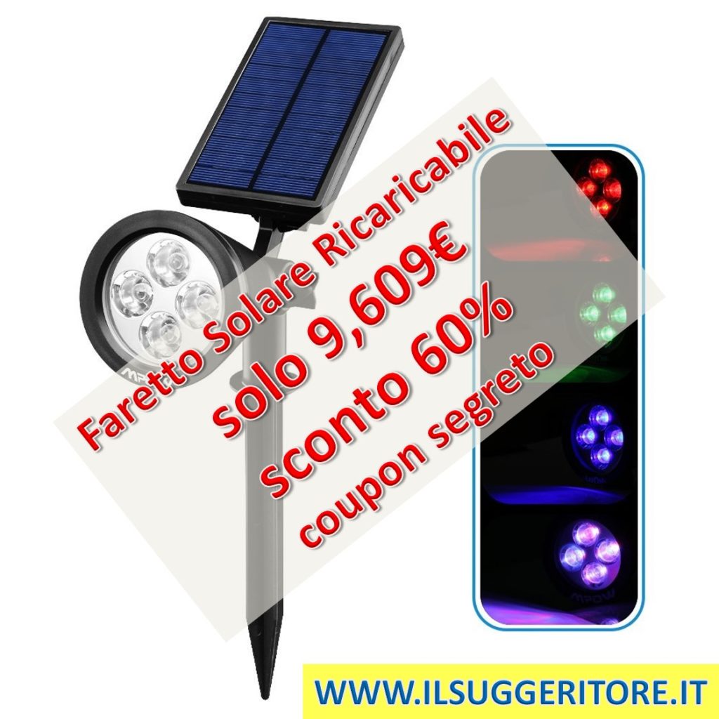 Mpow Faretto Solare Ricaricabile con 4 LED di  Colore, 200 Lumen, IP65 Impermeabile, Luce di Sicurezza di Sistema  Solare Giardino Decor , Larda Ricaricabile per Decorazione Esterna,  Paesaggio Illuminazione Solare  
