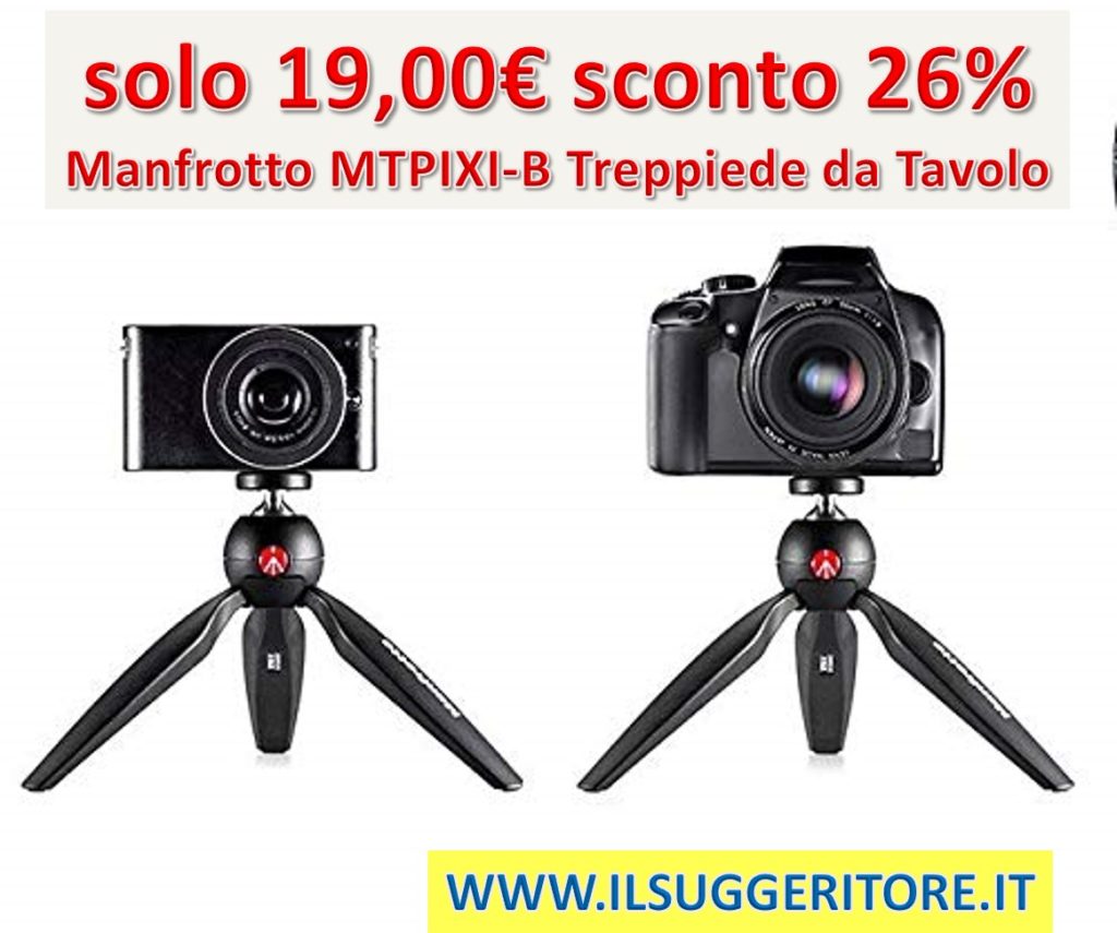 Manfrotto MTPIXI-B Treppiede da Tavolo per Fotocamere CSC e DSLR ed Impugnatura per Video, Materiale Adapto, Nero