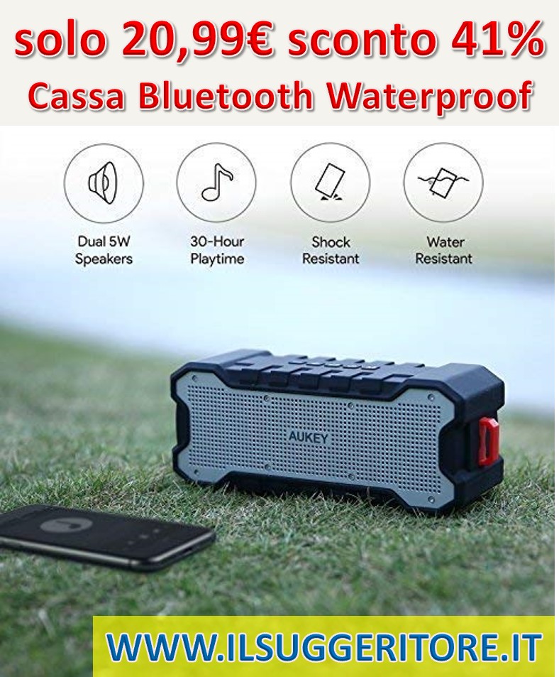 AUKEY,  Cassa Bluetooth Waterproof con 30 ore Playtime, Portatile e Protetto da  Spruzzi di Acqua, Bassi Migliorati per iPhone, iPad, Samsung e altri  Dispositivi﻿ 