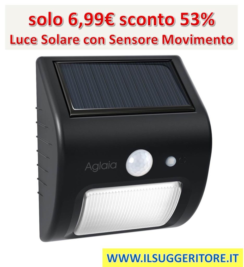 Aglaia Luce Solare Sensore Movimento, 8 LED 2 W con modalità auto, IP65 resistenza per giardino, Patio/esterni (Nero)                                                                                                                                                                                       [Classe di efficienza energetica A]