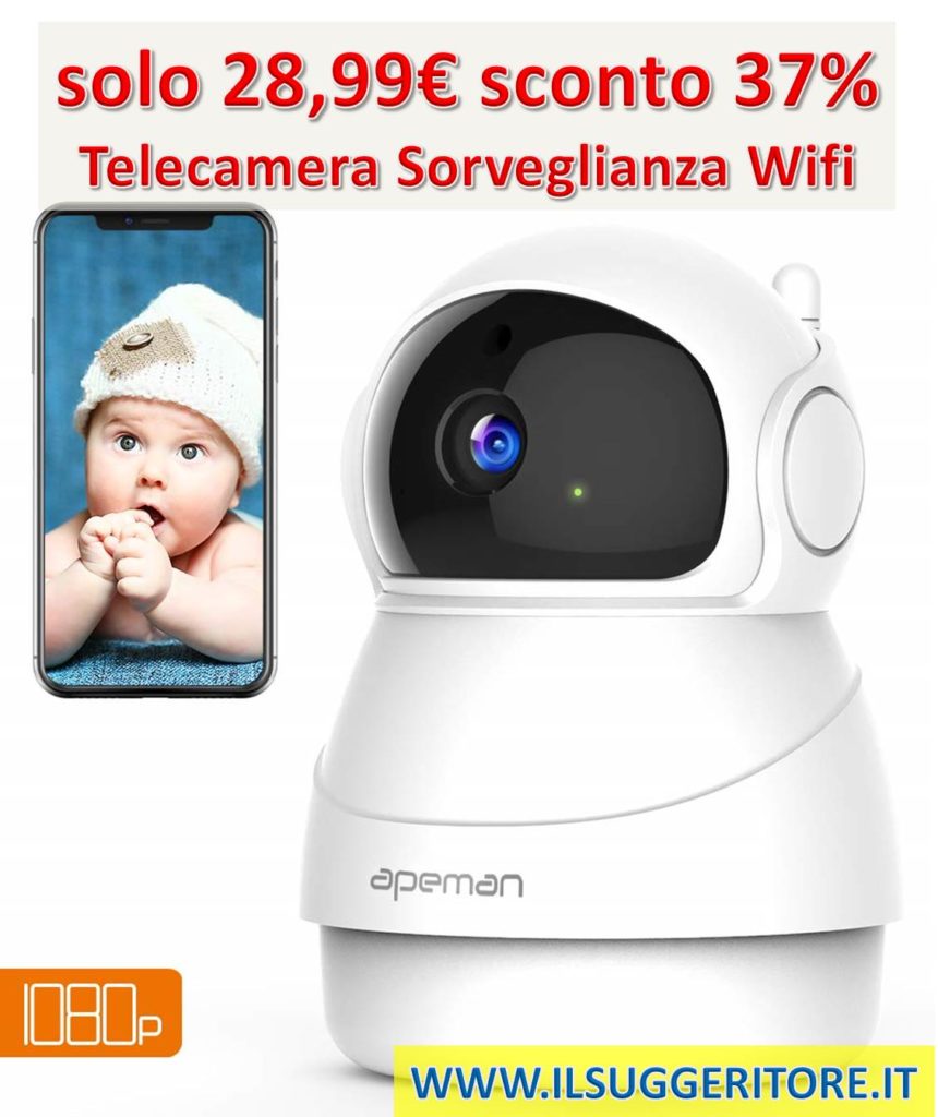Apeman 1080p Telecamera Sorveglianza Wifi, Videocamera IP Wireless Interno, Visione Notturna a Infrarossi, Audio Bidirezionale, Sensore di Movimento Ruotato 