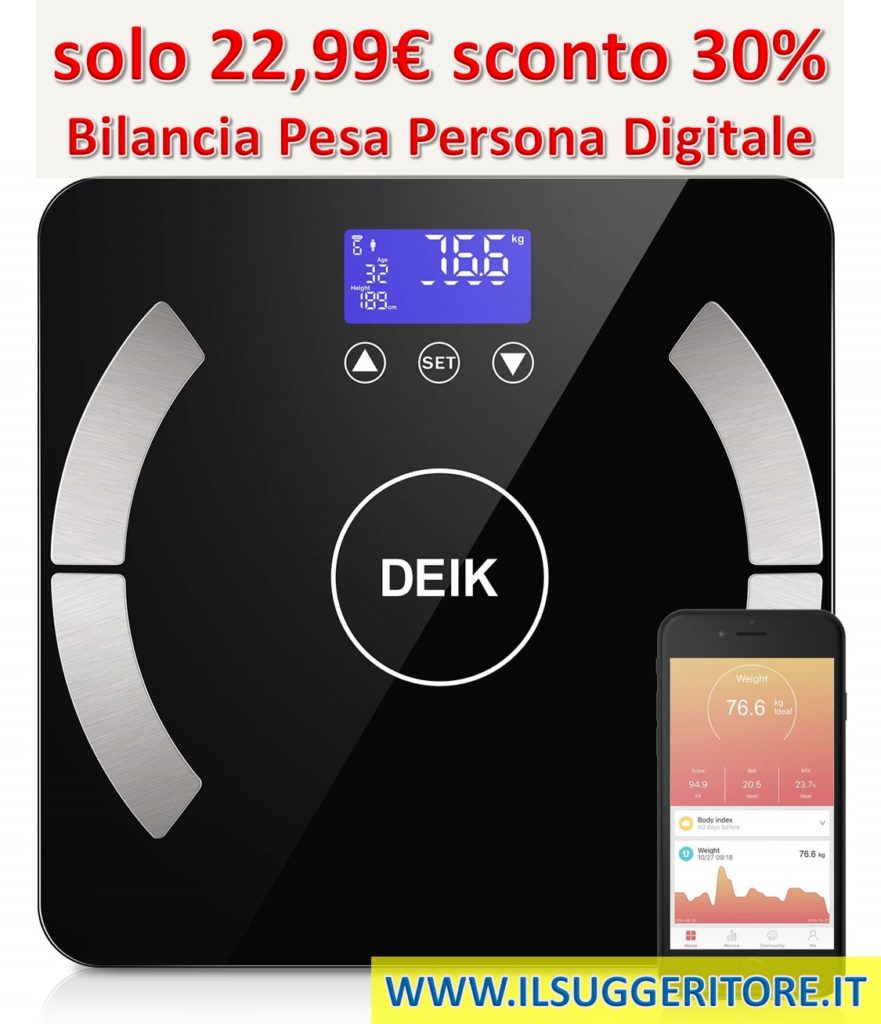 Deik, Bilancia Pesa Persona Digitale, Bluetooth Bilancia Pesapersone con Display Retroilluminato, 6kg-180kg, per IOS&Android con Analisi  Composizione Corporea Inclusi Grasso, Acqua, BMR, ecc 