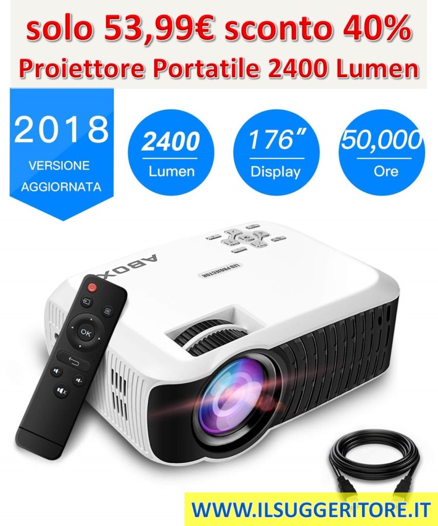 ABOX Proiettore, Mini Proiettore Portatile 2400 Lumen, LED Videoproiettore Risoluzione Massima 1080P Supportato, per Casa/Viaggio/Estero, Compatibile Android/iOS / PS4 / TV Box/Micro SD 